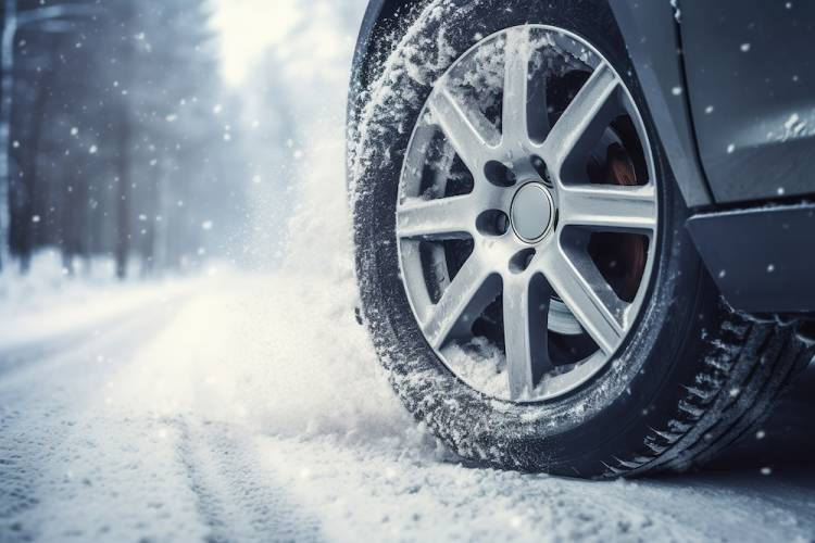 close up of car tire on snowy road