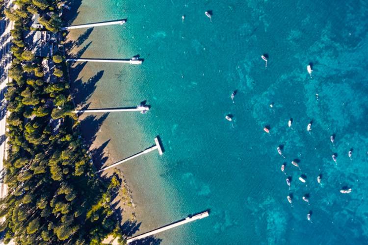 Aerial view of boats on Lake Tahoe