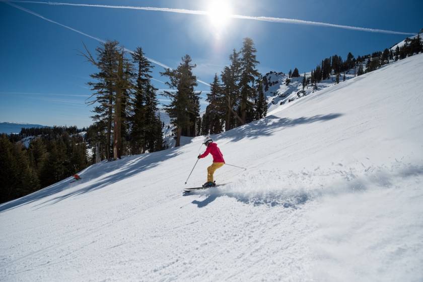 Person skiing in Lake Tahoe in spring